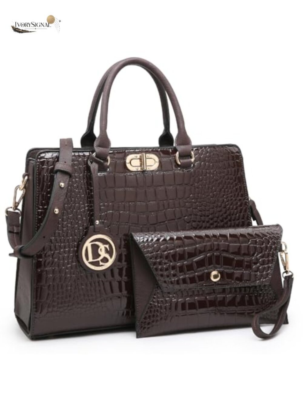 Satchel Tote Bag with Crocodile Print Vegan Leather Work Purse Matching Clutch